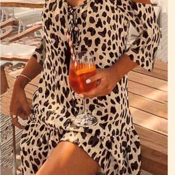 Dresses & Skirts - ✨Loose Leopard Mini Dress Women Casual V-neck Lace-up Off Shoulder Print Ruffles